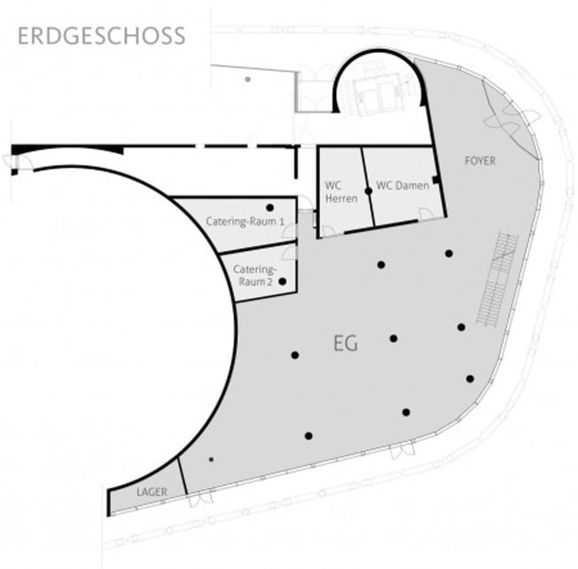 Grundriss Erdgeschoss mit Foyer, Catering-Räumen, WCs, Lager und EG-Bereich
